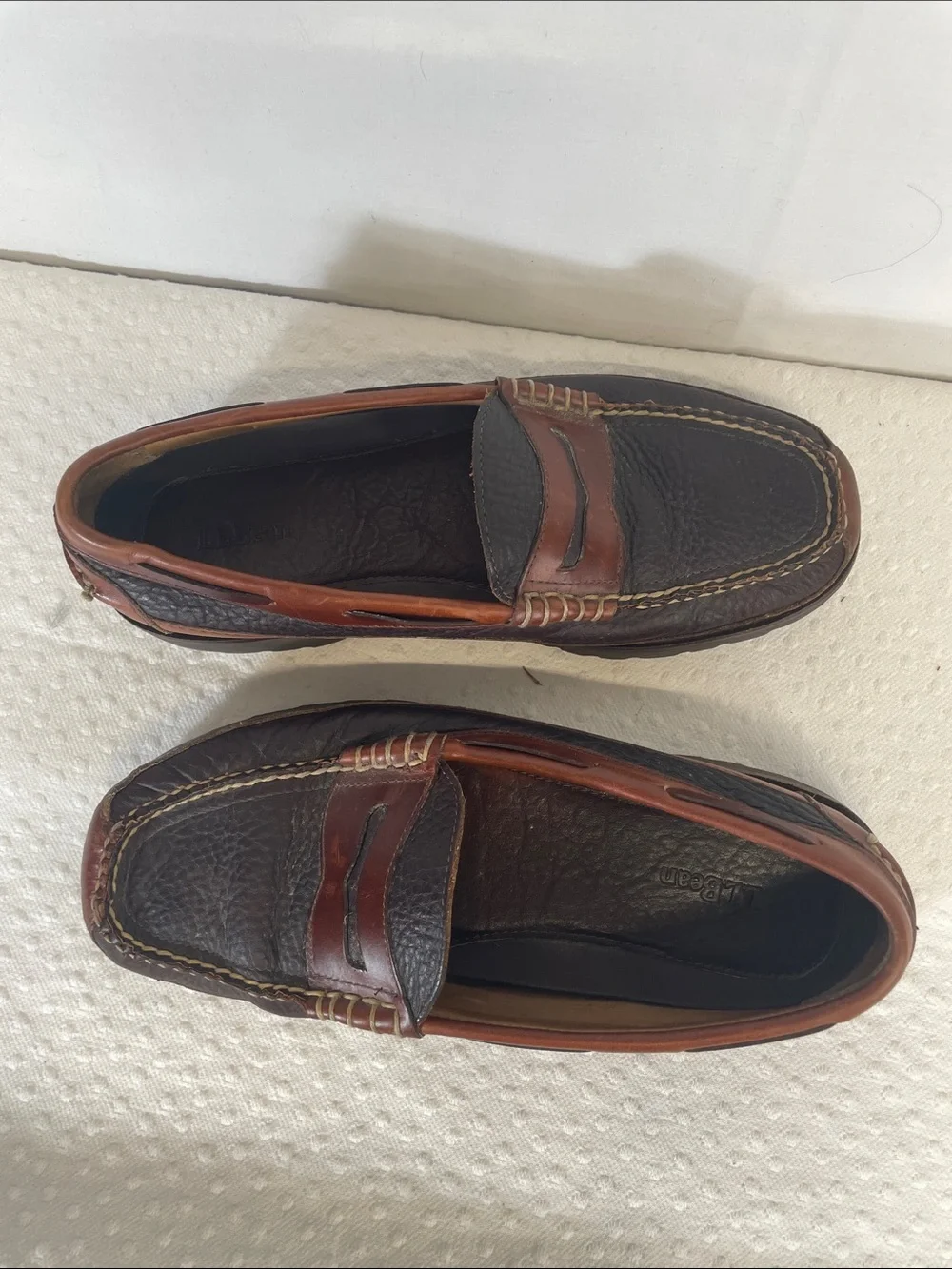 L.L. Bean Two-Tone Brown & Cognac pebbled Leather Penny Loafers - M10.5